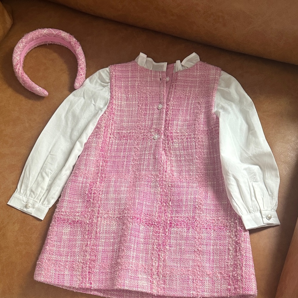 Janie and Jack Pink Tweed Pinafore Dress with Matching Pink Padded Headband - Picture 3 of 3